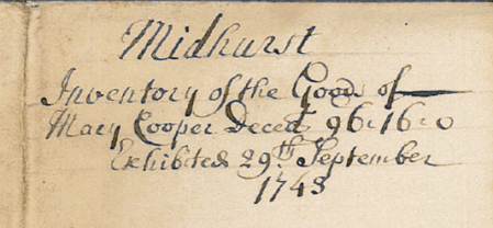 Mary Cooper Probate Inventory (title page)