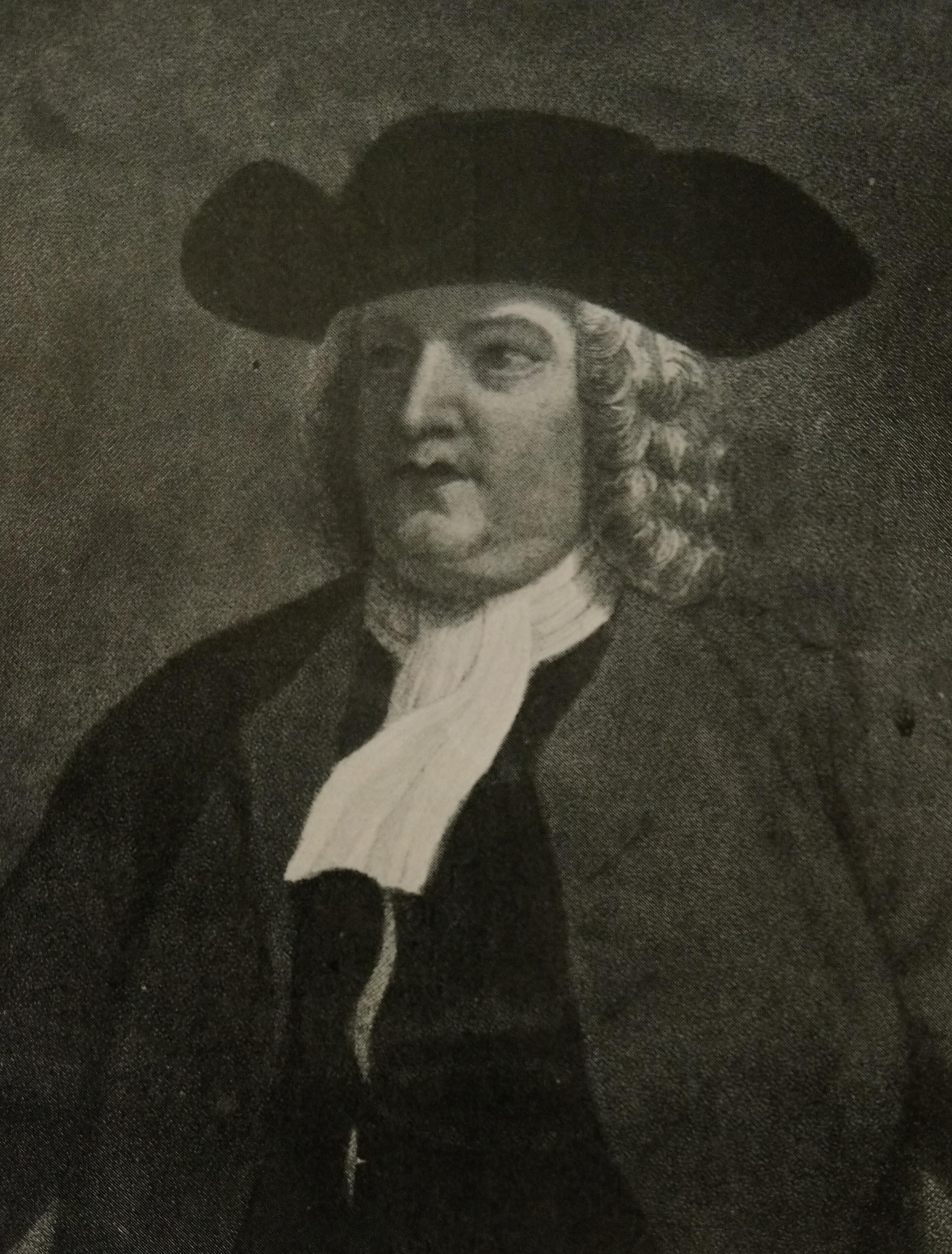 Copy of image of William Penn, wearing a black tricorner hat, white wig and simple 17th Century clothing