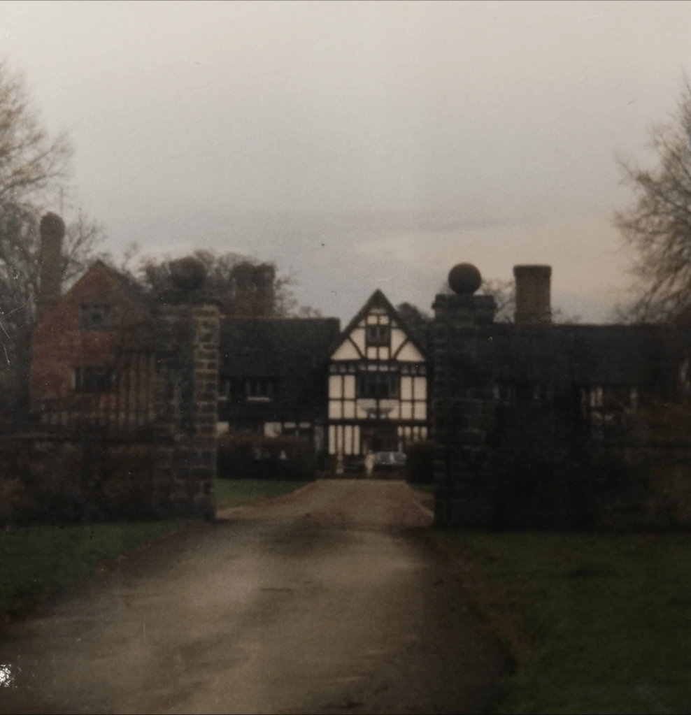 Colour photograph showing the timber frames of Broadhurst Manor, Horsted Keynes in 1988
