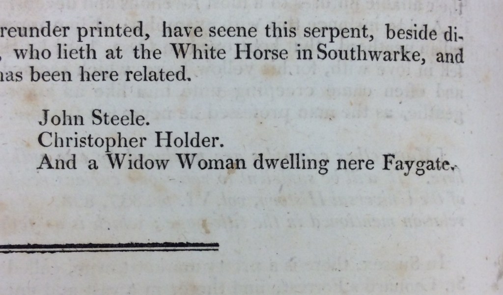 Printed list of three witnesses who reportedly saw the serpent in St Leonard's Forest. 