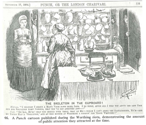 Punch cartoon depicting a maid hiding a Salvation Army man from her employer, showing how unsympathetic people were to the SA cause.