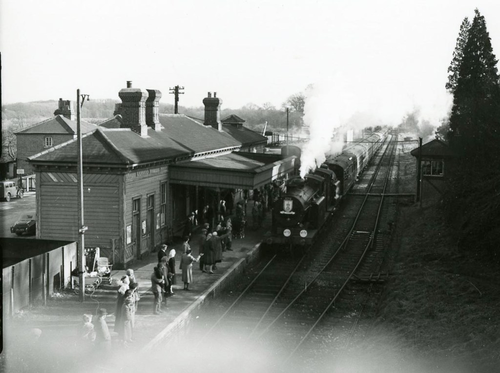 An old black and white image of a steam train at Petworth Station.