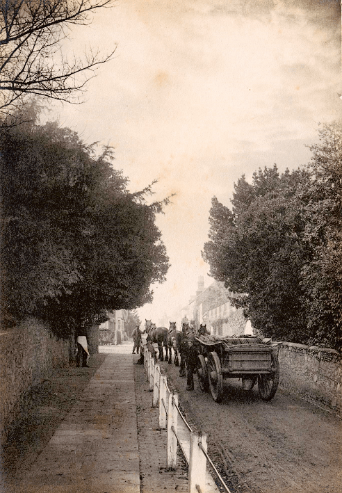 Sepia image of a team of four horses pulling cart up a narrow street. There are houses visible in background.