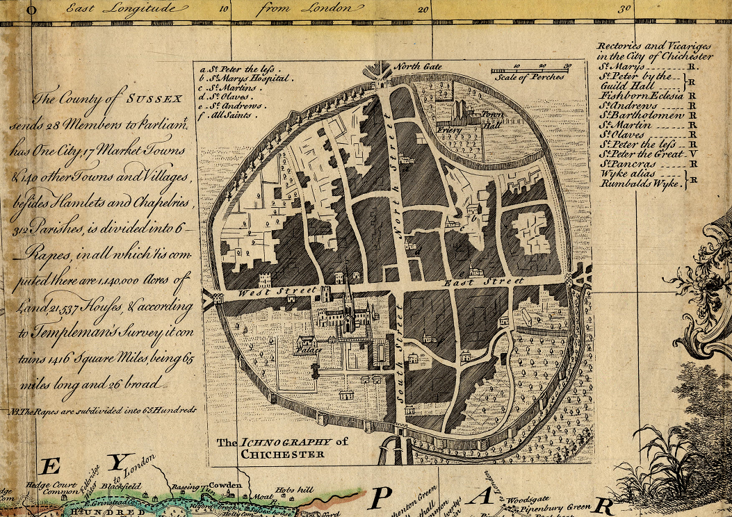 Text alongside the map of the walled city of Chichester states: "The county of Sussex sends 28 members to Parliament, has one city, 17 market towns and 140 other towns and villages. Besides Hamlets and Chapelries, 312 parishes is divided into 6 Rapes, in all which computed there are 1,140,000 acres of land, 21, 537 houses and according to Templeman's survey it contains 1416 square miles, being 65 miles long and 26 broad. NB the Rapes are subdivided into 63 hundreds."