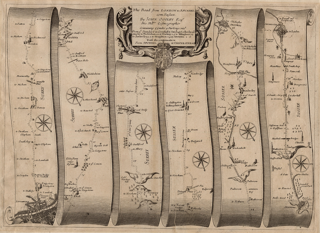 The map is designed like a ribbon, following a path from London to Chichester. It features little drawings of the towns and cities and the ocassional landmark, but is otherwise depicting a sort of straight line path between the two cities.