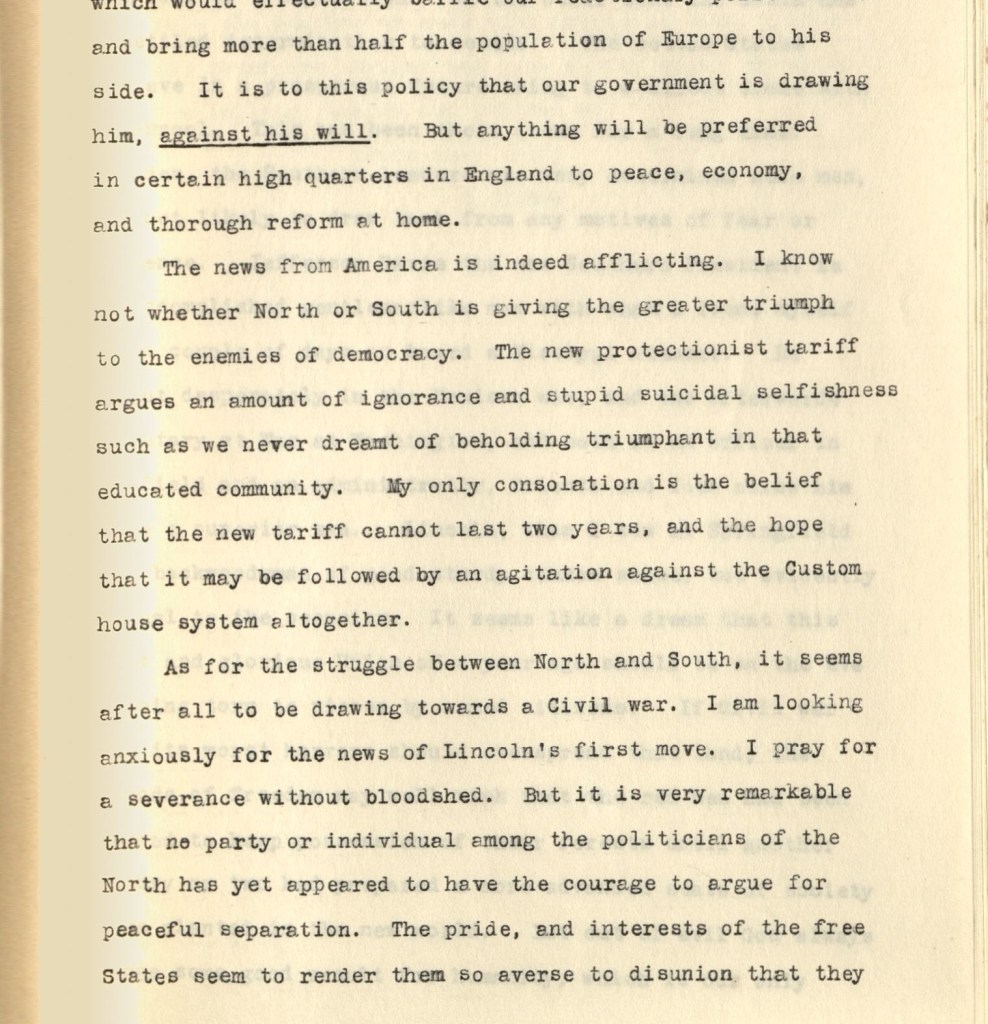 One section reads: "As for the struggle between North and South, it seems after all to be drawing towards a Civil war. I am looking anxiously for the news of Lincoln's first move. I pray for a severance without bloodshed."