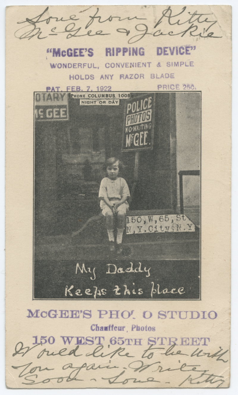 The 'McGee's Ripping Device' is described as 'Wonderful, convenient and simple, holds any shaving device', and Kitty's handwritten message reads 'Love from Kitty McGee and Jackie, Would like to be with you again, Write Soon, Love Kitty'