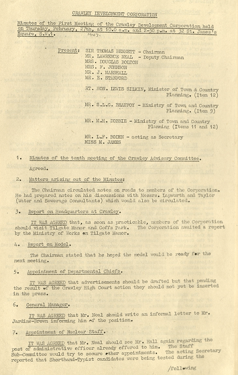 Typed text including the headings: Present; Minutes of the tenth meeting of the Crawley Committee; Matters arising out of the minutes; Report on Headquarters at Crawley; Report on Model; Appointment of Departmental Chiefs, General Managers, and Nuclear Staff
