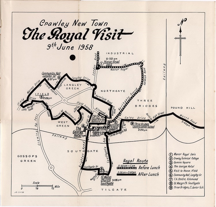 Route shown takes the Queen and Prince Phillip from Manor Royal Dais, Crawley Technical College, Queens Square, The George Hotel, Visit the House in Ifield, Community Hall in Langley, TA Centre, St Mary's Church in Southgate, and Three Bridges Junior School