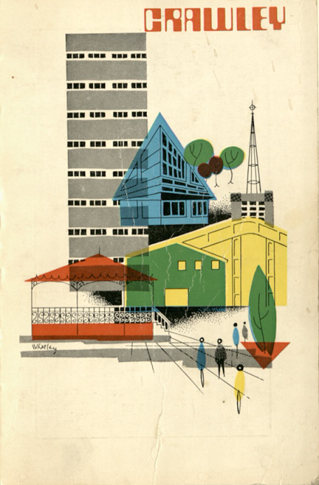 Abstract art showing new buildings in Crawley, including the new shopping centre, a housing tower block, holy trinity church, and other buildings.