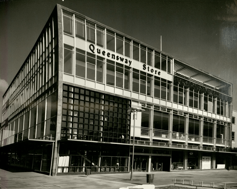 Exterior shot of the square building.