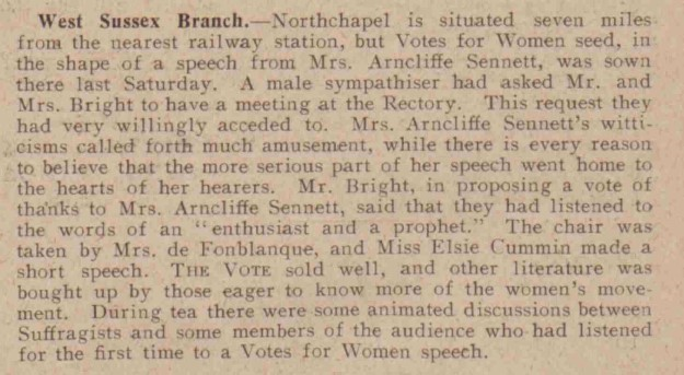 The meeting included a speech by Mrs Arncliffe Sennett and Elsie Cummins made a short speech