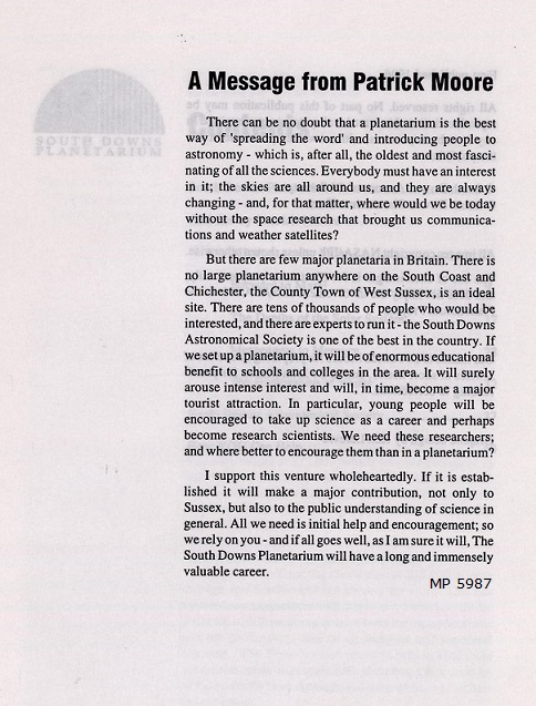 The introductory page of the publication Voyages of Discovery which includes a lengthy message of support from Patrick Moore