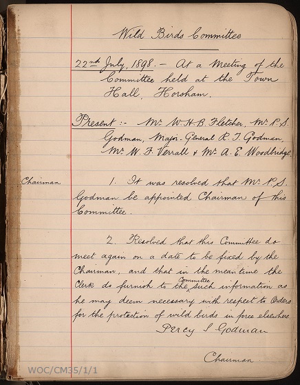A page from the Wild Birds Committee minute book showing the date, committee members present, and the first two minuted points