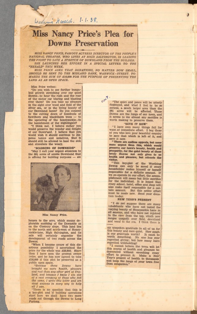 A page from Nancy's scrapbook of South Downs work showing a clipping of the Worthing Herald regarding her plea for South Downs preservation
