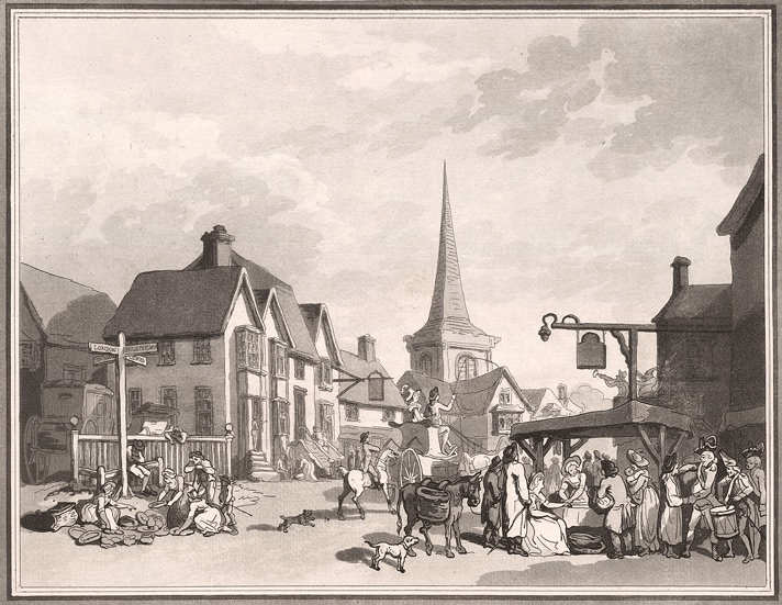Sepia cartoon showing church spire, donkeys and dogs and carriages, and people at market stalls