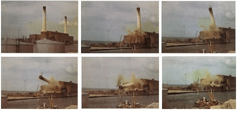 A series of six photographs showing the collapsing of the power station and it's two towers.