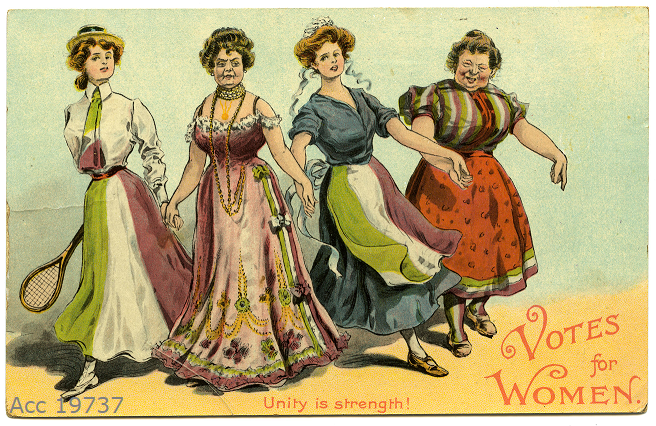 Four women in a line holding hands, wearing purple, green and white clothing. The women are dressed as a tennis player, leisured lady, housemaid and cook.