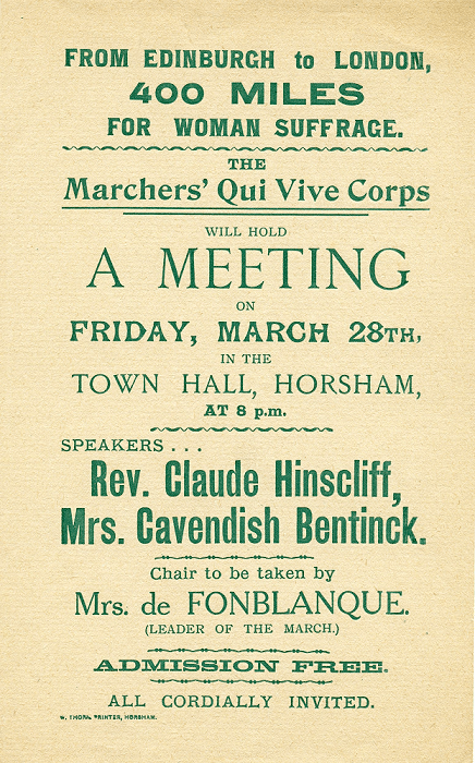 Meeting to be held on March 28th. Speakers advertised as Reverend Claude Hinscliff and Mrs Cavendish Bentinck, with Mrs de Fonblanque in the Chair