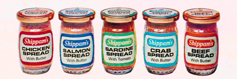 Colour photograph of five jars of Shippam's spread (chicken, salmon, sardine, crab, beef).