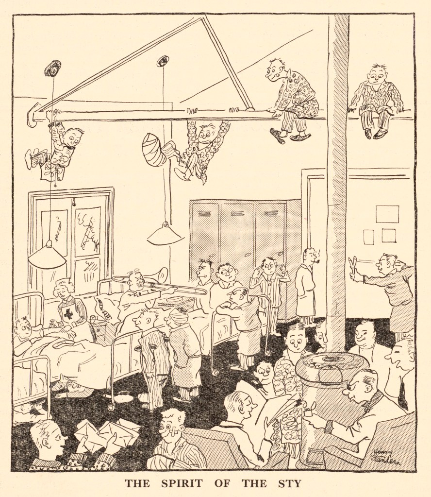 Cartoon shows jovial and active patients in the hospital reading letters and newspapers, playing the trombone, talking to nurses, and playing juvenile games like a slingshot and hanging from the building's rafters