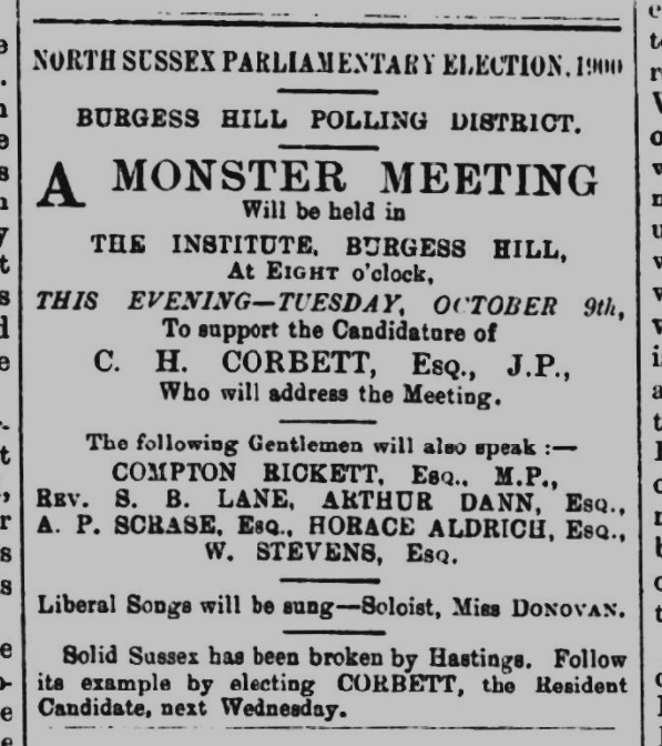 Newspaper advertisement for 'A Monster Meeting' in aid of the Liberal Party's election campaign for the East Grinstead seat, with information about the programme