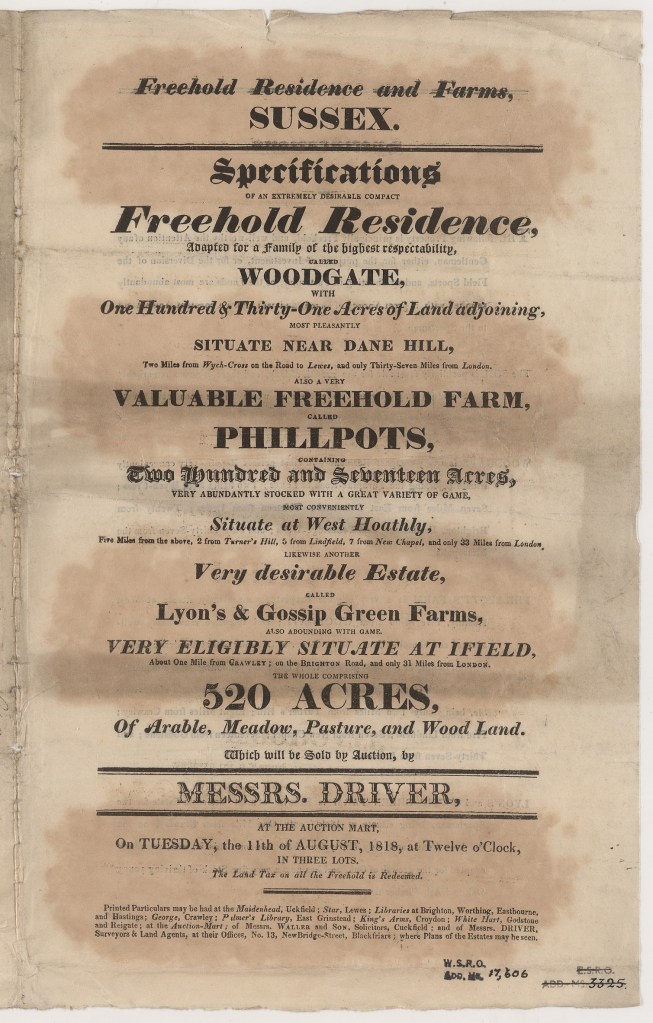 Printed sales particular giving brief details of Woodgate and several other properties