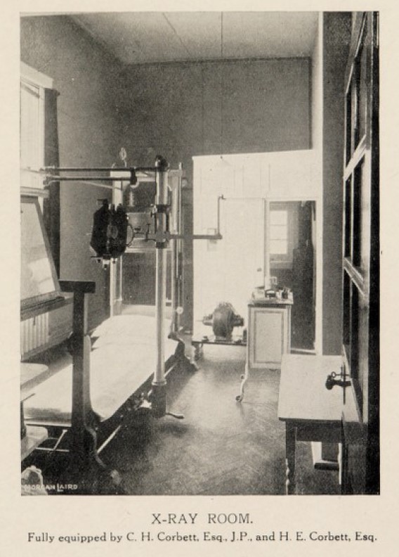 Black and white photograph showing the equipment in the room, which was provided by Charles and Herbert Corbett