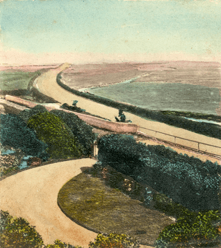 Coloured image of a green landscape by the sea