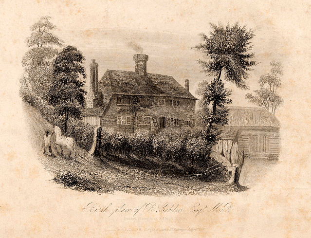 Engraving shows a man walking a hose off to the side, plus an outhouse.