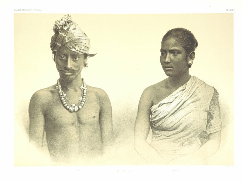 An etching of a man and a woman from Bengal in the nineteenth century wearing traditional clothing and accessories.