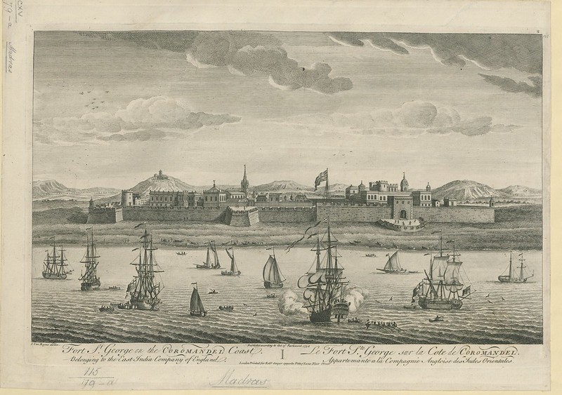 An etching of the Fort St George showing the port and many ships outside on the water