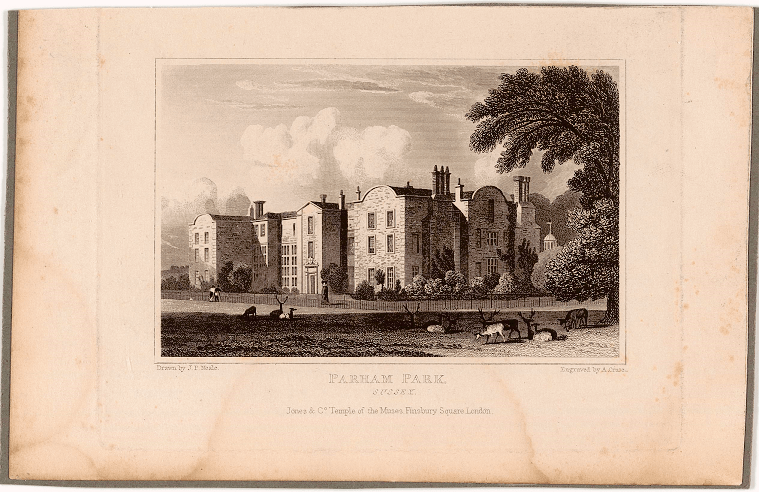 Engraving of the property with deer in the foreground