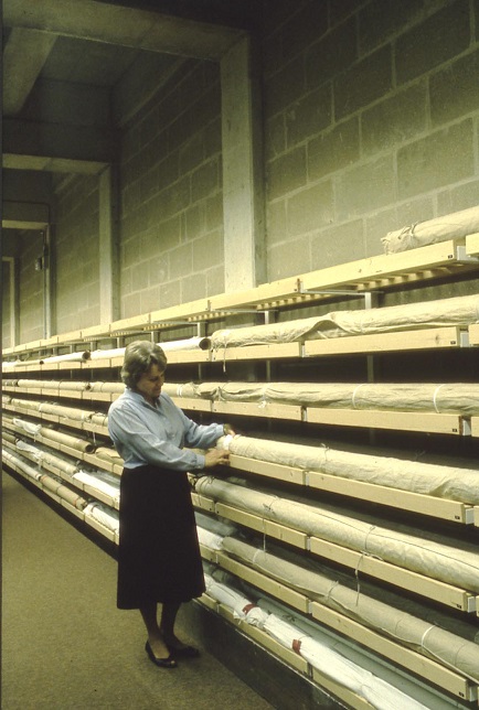 Tithe maps stored on cantilever shelving attached to walls