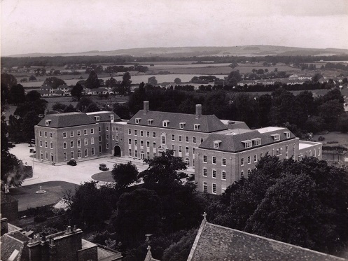 Black and white photograph of the front of County Hall, showing both wings - taken at height and an angle rather than head on