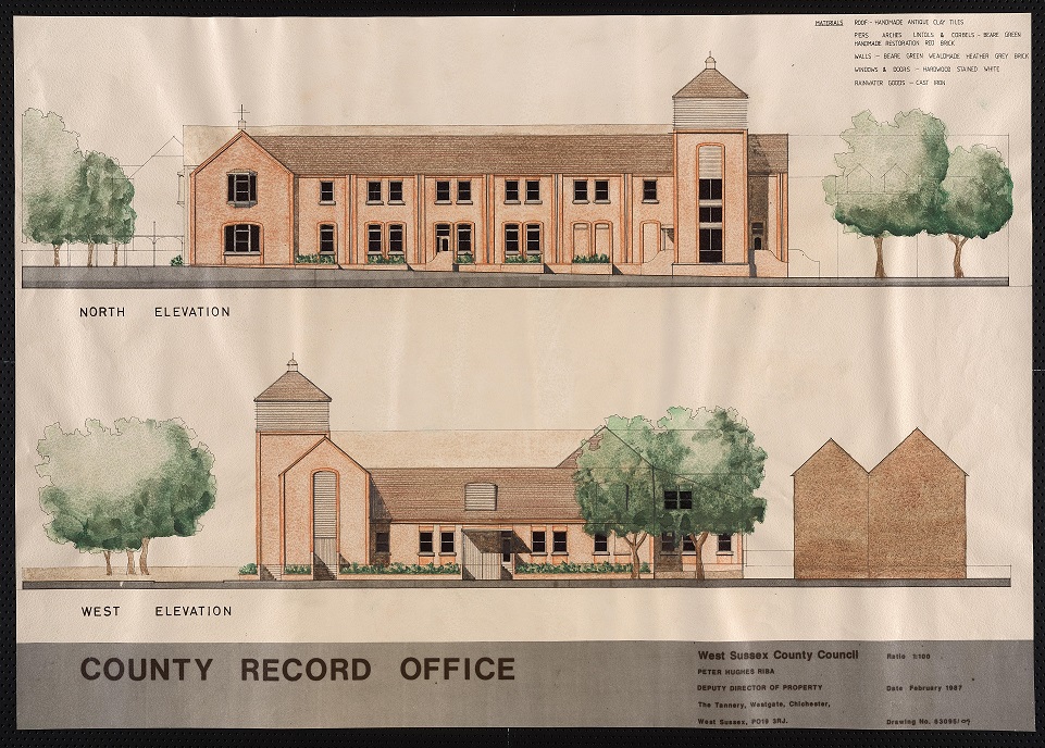 Colour wash drawings, north elevation (side) at top, west elevation (rear) at bottom