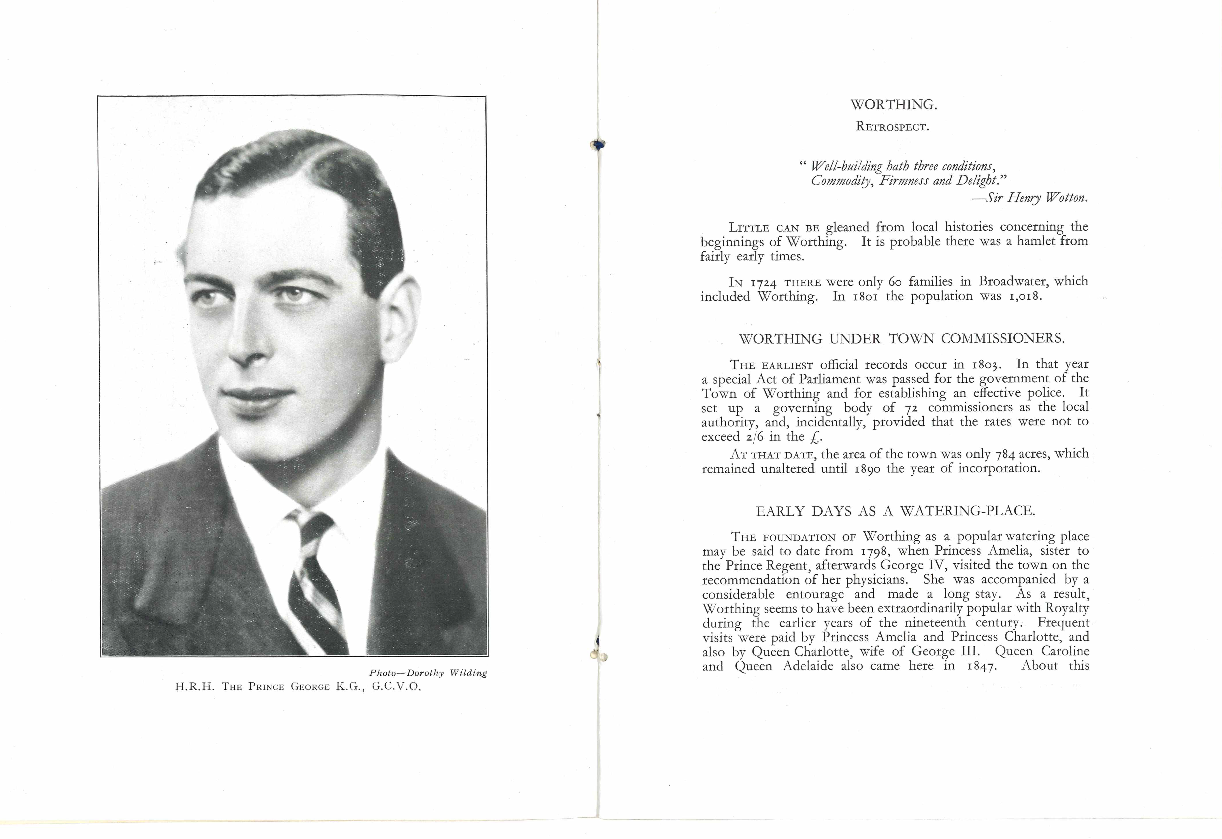Interior pages of the programme, showing a portrait of Prince George and the beginnings of a history of Worthing as a town.