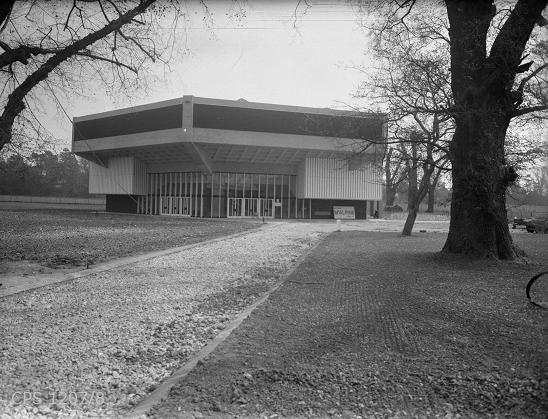 A long shot of the Chichester Festival Theatre shortly after its completion and landscaping of the surrounding area.