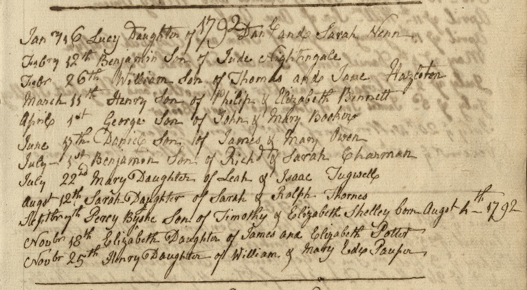 Handwritten entries of baptisms for 1792. In the last third, Percy Shelley's entry can be seen.