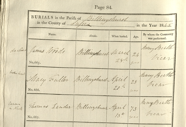 Filled out entry in a printed page of a burial register. In the margins, the vicar has noted the cause of death.