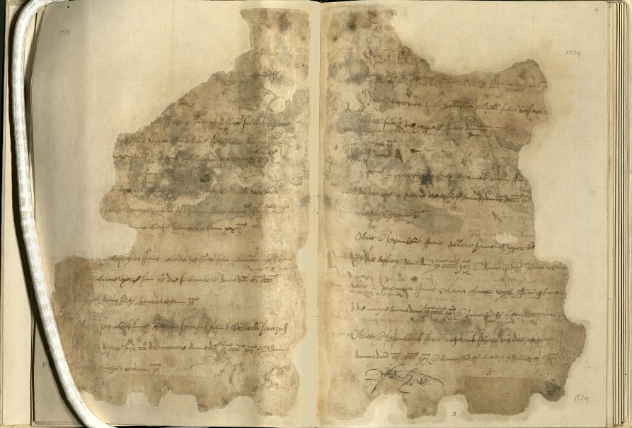 A repaired double page spread of an early parish register. Much of the pages are missing, and the writing is difficult to read.