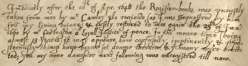 Cropped image of the note written by the vicar about what happened to the register during the war.