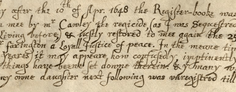 Cropped image of the note written by the vicar about what happened to the register during the war.