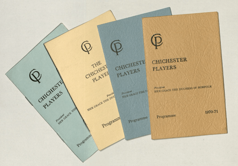 Four small rectangular programmes by The Chichester Players all in different pastel shades and fanned out on white paper.