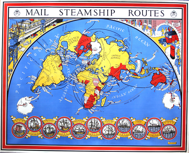 Colour map of the world showing mail routes by sea, with thick black lines linking up different labelled cities. Bordering the top is a scene of a boat being loaded with mail, and the mailmen going about collecting and delivering post. Along the botton is the evolution of ships from Anglo Saxon to the Queen Mary in the 1930s.