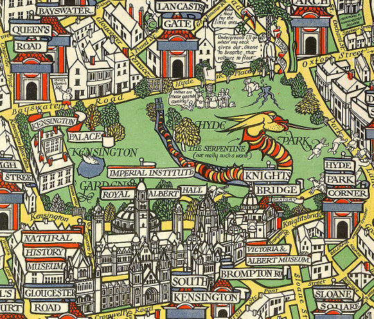 Colourful pictorial map with buildings and places labelled.