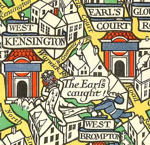 Colourful pictorial map with buildings and places labelled.