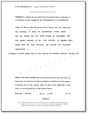 Front page of a faculty applying for a stained glass window at Aldingbourne church