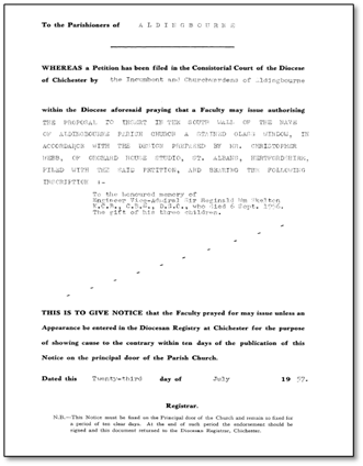 Front page of a faculty applying for a stained glass window at Aldingbourne church