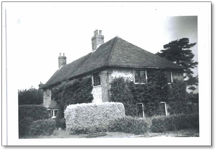 A black and white photo of a cottage with a well maintained garden and plants on the walls and surrounding the building